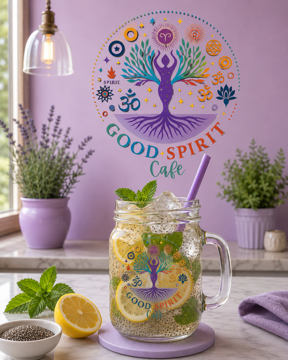 A chia lemonade in a mason jar on the café's purple counter