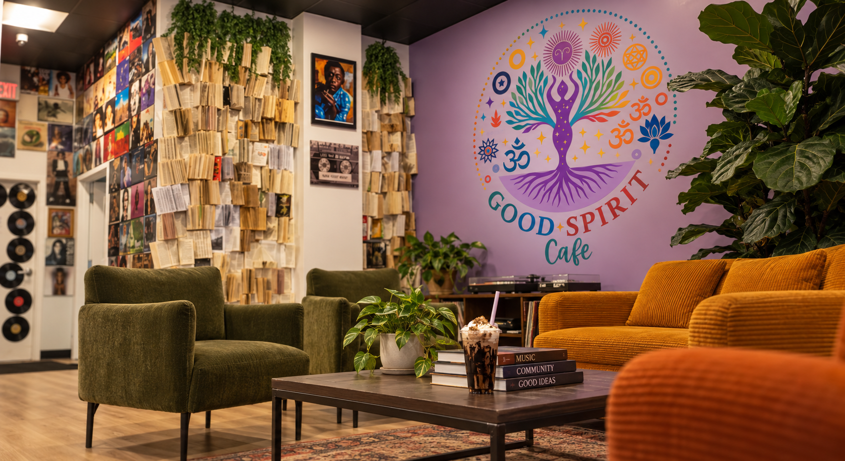 The Good Spirit Café lounge with velvet armchairs and the hand-painted mural